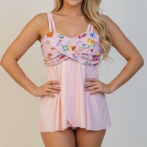 NWOT SELFIEGO Pink Floral Swimdress (XL) – Built-In Support & Flowy Swim Skirt
